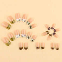 YICKYUE  -  Press On Nails 24 Pcs Geometric French Resin False Nails Matcha Green Brown Polka Dot Stripe Reusable Removable Tips For Women