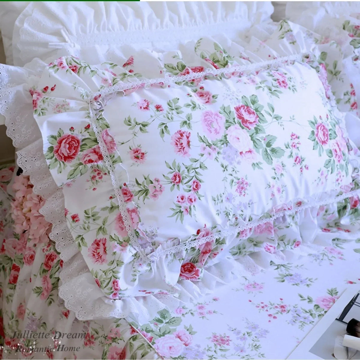 YICKYUE  -  1 Pc Rose Print Pillow Case, Large Ruffle Cover, Floral Lace Pillowcases, Bed Pillowcase, Luxury Home Textile