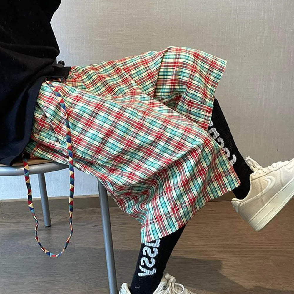 HEARUJOY  -  Men's Plaid Cropped Trousers American Retro Fashion Trend Street Hip-Hop Loose Casual Breathable Niche Summer New Men's Bottoms