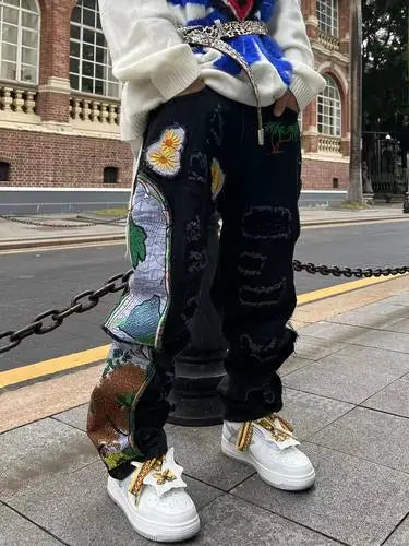 Hearujoy Harajuku Fashion Embroidered Patches Straight Denim Pants Hip Hop Washed Torn Jeans Black Blue Patchwork Y2k Jeans Baggy Men