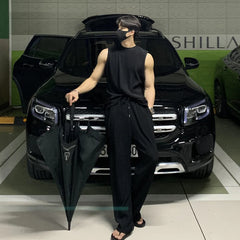 Hearujoy 2024 Fashion Men Tank Tops Tshirt Sets Tracksuit Sportswear Solid Stripe Drape Vest+Trousers 2 Piece Streetwear Suit Male