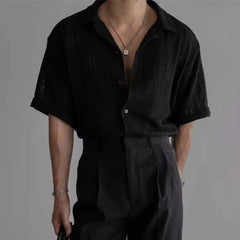 HEARUJOY  -  Men's Solid Color Hollow Short-Sleeved Shirt American Retro Fashion Trend Simple Casual Loose Breathable Summer New Men's Tops