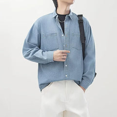 HEARUJOY  -  Mens Womens Spring Autumn New Solid Color Casual Denim Shirt American Retro Couples Fashion Loose Button Down Outerwear Premium