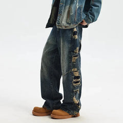 Hearujoy Both Side Hole Ripped Casual Bootcut Men and Women Streetwear Washed Blue Jeans Pants Distressed Casual Denim Trousers Oversize