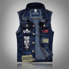 HEARUJOY  -  Men's Spring and Fall Slim Fit Patch Denim Vest Plus Size Motorcycle Patchwork Patch Personalized Vest Coat