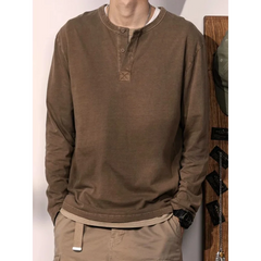 HEARUJOY  -  American Retro Henry Neck Long-sleeved T-shirt Spring and Autumn New Men's Solid Color Loose Base Shirt Underwear Top