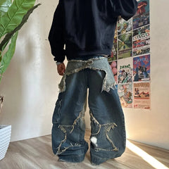 HEARUJOY  -  Y2K Baggy Jeans Star Pattern Stitching Tassel Pants Women American Retro High Street Jeans Loose Trendy Wide Leg Pants Clothes