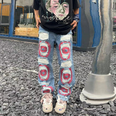 Hearujoy Y2k Streetwear Embroidered Ripped Wide Jeans for Men Washed Destroyed Torn Flared Jean Male Tassels Hip Hop Jeans Pants Baggy