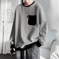 HEARUJOY  -  Loose round Neck T-Shirt Men's Casual Stripe White Fashionable Korean Style Autumn Top for Men Comfortable Sweatshirt