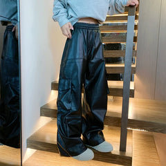Hearujoy Men's Leather Motorcycle Cargo Pants Multi-Pockets Black PU Pants Men Elastic Waist Mopping Trousers All-match Windproof