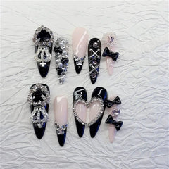 YICKYUE  -  10PCS Handmade Press on Nails Spicy Girls Black Pink Long Almond Fake Nails Wearable Heavy Metal Rhinestome Bow False Nails