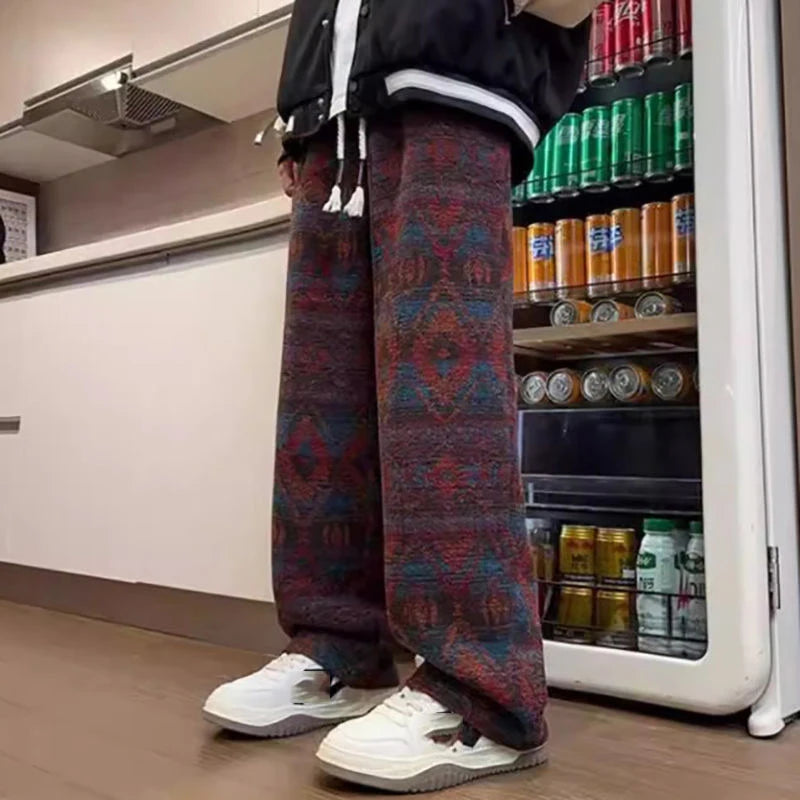 HEARUJOY  -  Ethnic Style Print Pants Men Hip Hop Elastic Waist Drawstring Straight Trousers Autumn Winter Vintage Dirty Pant (with Plush)