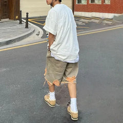 Hearujoy Mens Y2k Washed Distressed Raw Edge Ripped Denim Shorts Streetwear Retro Straight Leg Loose Denim Shorts Men's Clothing