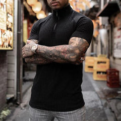 Hearujoy Mens Casual Slim Fit Stretch Knit Short Sleeve Tops Genderless 2024 New Shaping Fitness Streetwear High Neck Zipper Shirt Unisex