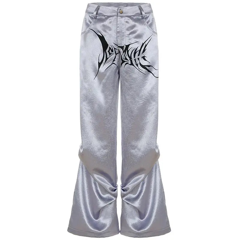 Hearujoy High Street Babes Silver Satin Print Casual Loose Cargo Pants Women Hip Hop Goth Joggers Women Straight Wide Leg Sweatpants
