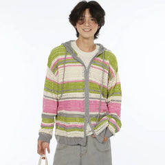 HEARUJOY  -  American Striped Cardigan Mens Spring Summer Color Block Sunscreen Hooded Sweater Jacket Hollow Zipper Retro Knitted Shirt