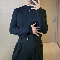 Hearujoy Mens Autumn Solid Color Half-High Collar Slim Fit Top Essential Youth Trend Niche Dark Style Sexy Simple Long-Sleeved T-Shirt