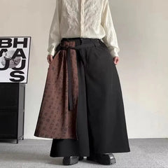 HEARUJOY  -  Mens Double Layer Chinese Calligraphy Splicing Irregular Culottes Genderless Waist Strap Loose Wide Leg Pants Unisex