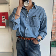 Hearujoy 2024 Spring Clothing Men's Denim Long-sleeved Pocket Shirt Casual Korean Turn down Button Streetwear Luxury Big Size Stylish