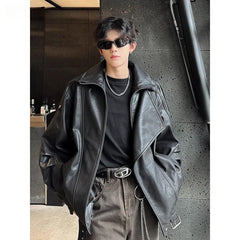 Hearujoy Spring Autumn High Colar Pu Leather Jacket American Retro Cleanfit Handsome Loose Fashion Atmosphere Asymmetrical Zipper Coat