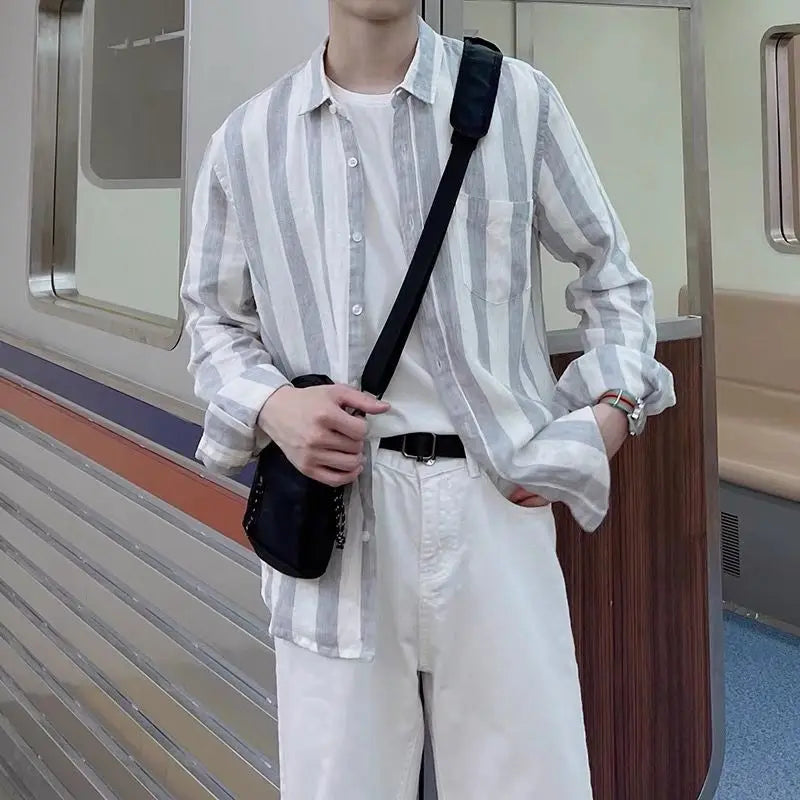 HEARUJOY  -  Men Long Sleeve Shirt Versatile Hong Kong Style Striped Youth Casual Thin Loose Fit Korean Trendy Shirt Or Light Jacket