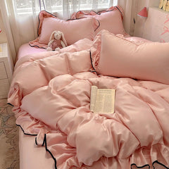 YICKYUE  -  Luxury Ice Silk Cooling Bedding Set, Summer Washable Silk 3/4 Pcs Duvet Cover/Sheet, Student Dorm Fitted Sheet