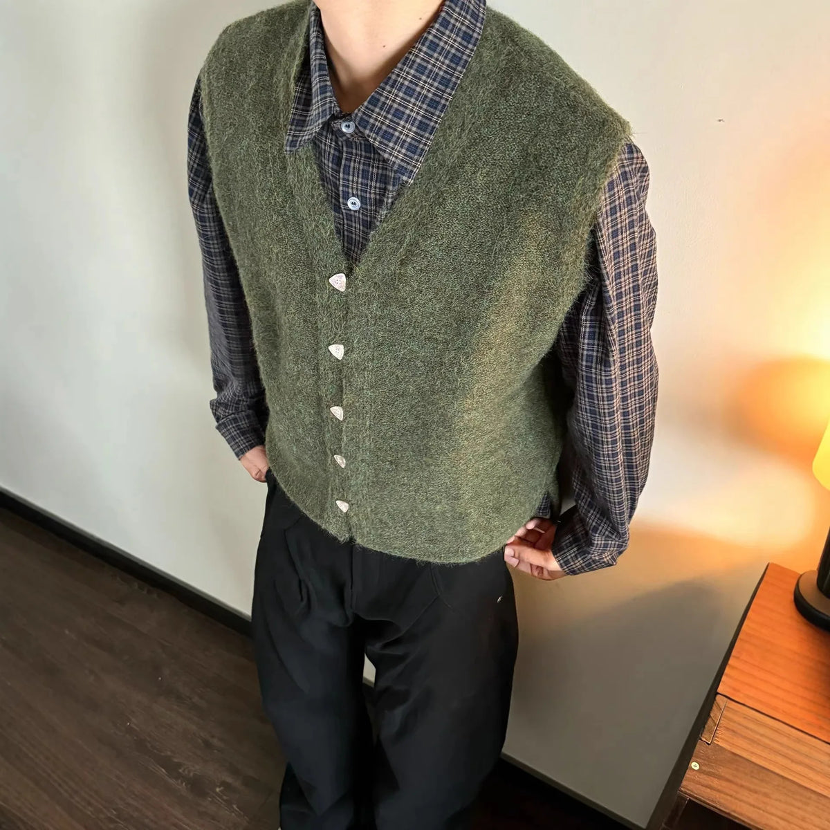YICKYUE  -  Vintage Men V-neck Knitted Vest Vardigan sleeveless Tank Tops Fall 91% Mohair Sweater Waistcoat Overlapping Outer Clothing