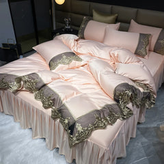 YICKYUE  -  Luxury Bedding Set 3Pcs Duvet Cover Set King Size Bed Skirt Lace Double Side Washed Silk Design Reactive Printing Sleep Coolly