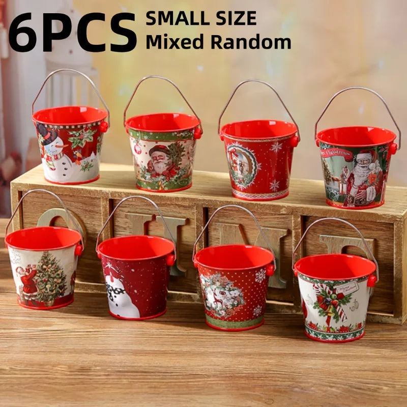 YICKYUE  -  6pcs Christmas Handheld Buckets Candy Box Santa Snowman Christmas Patterns Tin Box Cookies Container Organizer Xmas Decor Gifts