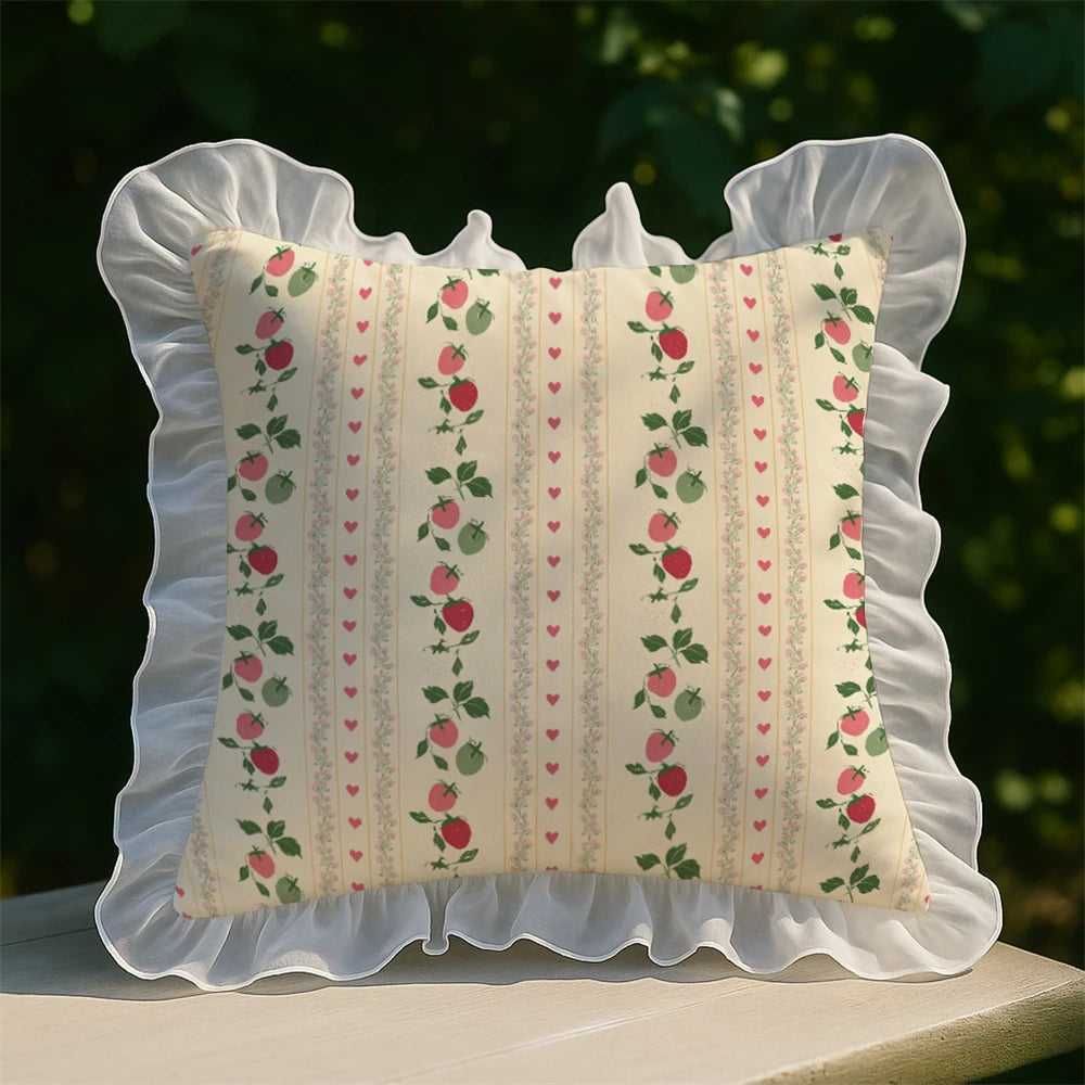 YICKYUE  -  Sweet Retro Pillow Cartoon Small Strawberry Print Lace Wash Cotton Pillowcase Girly Sense Home Decorative Sofa Cushion Pillow