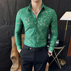YICKYUE  -  Sexy Men's Mesh See Through Fishnet Lace Shirts Long Sleeved Slim Fit Transparent Shirt for Men Nightclub Prom Camisa Masculina