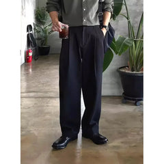 HEARUJOY  -  Casual Men's Pleated Dark Grey Western Pants Buckle Design Wide Leg Pants Versatile Long Trousers for Business And Leisure