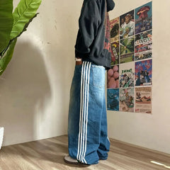 Hearujoy Simple Retro Y2K Harajuku Sports Striped Embroidered Washed Blue Jeans Men's Street Trend Loose Wide-leg Pants Skateboard Pants