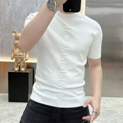 HEARUJOY  -  Men Korean Fashion Rhinestone Luxury Jacquard Knitted T Shirt Summer High Street White Round Neck Short Sleeve Slim Basic Tops