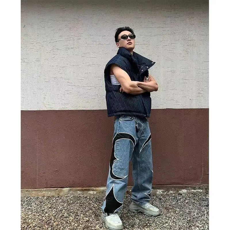 Hearujoy New Y2k Men Black Baggy Jeans Spliced Leather High Street Loose Straight Casual Trousers Hip Hop Harajuku Pants Streetwear