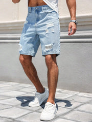 HEARUJOY  -  Men's Spring/Summer Street Fashion Casual Ripped and Distressed Straight-Leg Blue Denim Shorts, maintains its shape, wrinkle-res