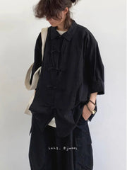 HEARUJOY  -  New Summer New Chinese Style Retro Tang Suit Solid Color Short-sleeved Shirt Men Women Casual Loose Buttoned Chinese Style Shirt