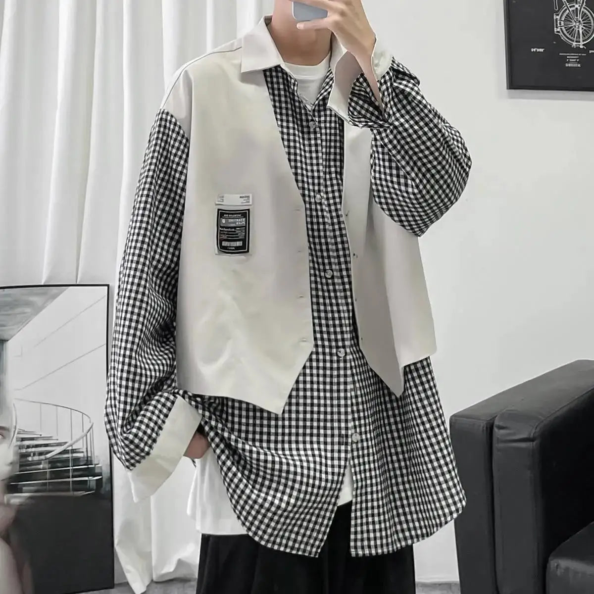 HEARUJOY  -  Fake Two-piece Plaid Spliced   long-sleeved Shirt Loose Design Men's Casual Hong Kong Style Jacket Spring and Autumn New Style