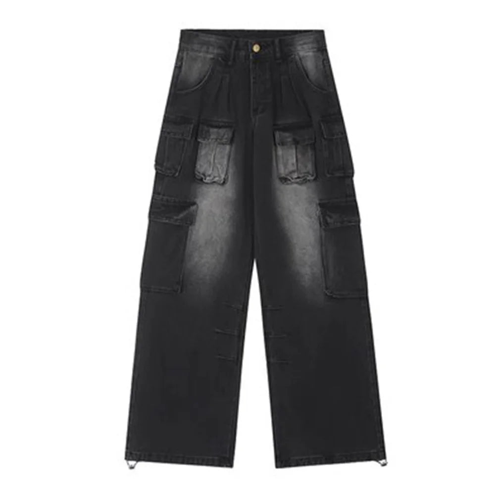 Hearujoy Summer American Street Fashion Design Wide Leg Workwear Pants Unisex High Quality Loose Straight Washed Vintage Style Jeans