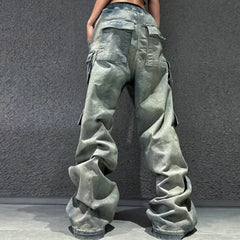 Hearujoy Multi-pockets Wide Leg Ribbons Jeans Pants for Men and Women Streetwear Baggy Denim Trousers Oversized Straight Cargos