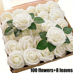 YICKYUE  -  100pcs Delicate Artificial Roses with Stems Foam PE Roses Realistic Appearance DIY Wedding Bouquet Decoration Flowers Art Decor