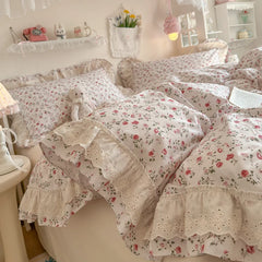 YICKYUE  -  100% Cotton Double Layer Lace Ruffle Floral Bedding Set Vintage Rose Print Duvet Cover Flat Sheet/Fitted Sheet Pillowcase 3/4Pcs