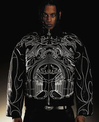 Hearujoy Retro Y2k Gothic Jackets for Men Hip Hop Rock Line Letter Pattern Pu Leather Jacket Black Thickened Loose Zipper Jacket Coats