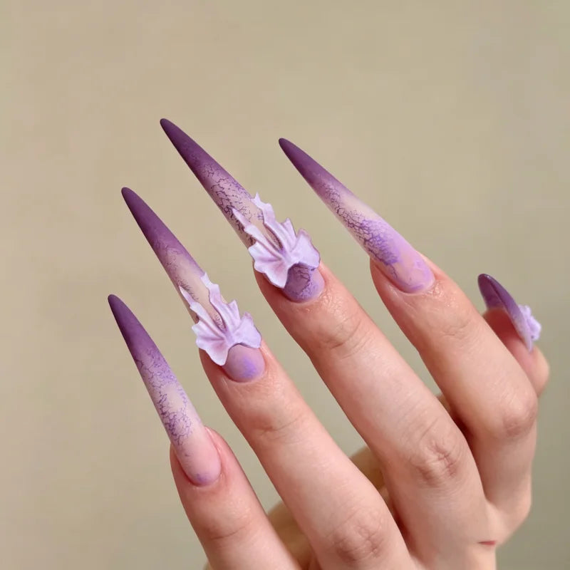 YICKYUE  -  24Pcs False Nails Wisteria Bow Long Pointed Shape Soft Purple Gradient Press-On High-Quality Nails—Perfect As A Gift for Girls