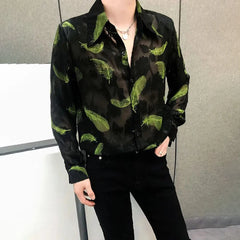 Hearujoy Mens Sexy Feather Embroidery Mesh See-Through Thin Shirt Autumn Genderless Fashion Nightclub Hollow Shoulder Pad Shirt Unisex