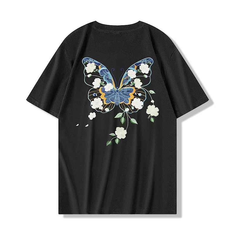 HEARUJOY  -  Men Embroidery T Shirt Flower Butterfly Graphic T Shirts Women Fashion Streetwear Designer Tees Cotton O Neck High Street