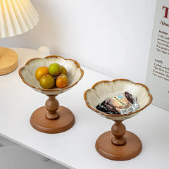 YICKYUE  -  Chinese Retro Style Wooden High-Footed Ceramic Fruit Dish Creativity Living Room Fruit Dim Sum Storage Tray Desktop Ornament