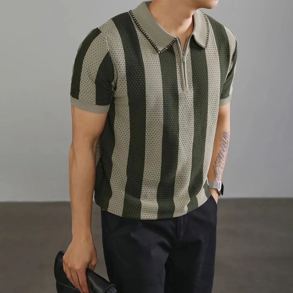 HEARUJOY  -  Men's Half-Zip Striped Knitted Short-Sleeved Polo Shirt American Retro Fashion Trend Casual Simple Loose Breathable Men's Tops