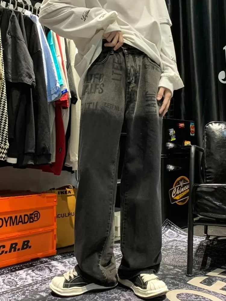 HEARUJOY  -  New Vintage Gradient Letter Prined Baggy Jeans Men High Street Straight Wide Leg Pants Korean Fashion Casual Black Y2K Jean