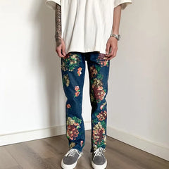 HEARUJOY  -  Y2K Fashion Flowers Print Slim Hip Hop Jeans Pants For Men Clothing Skateboard Streetwear New Rock Denim Trousers